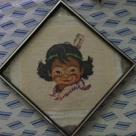 Vintage Native American boy cross-stitch embroidery square frame ba - Picture 1 of 7